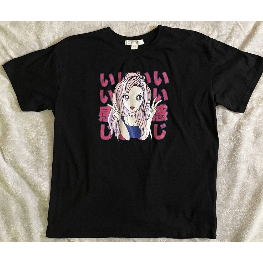 Birch and Stone Kawaii Anime T Shirt Womens L Black Good Vibes Japanese Text Y2K